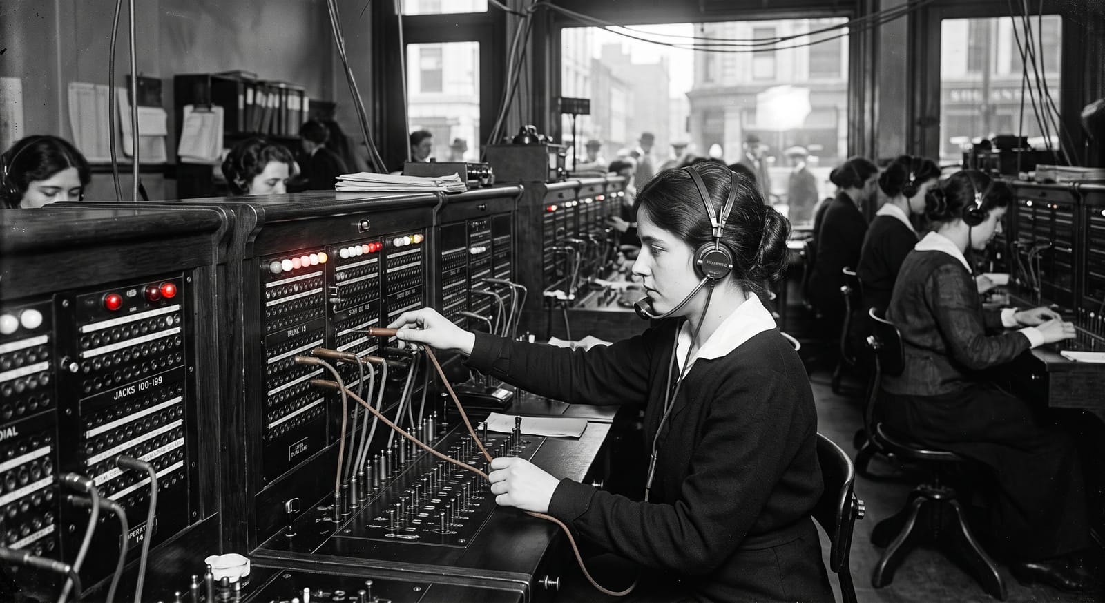 A 1920s telephone switchboard room, black-and-white, with the indicator lamps and cords in colour -- an operator in a headset plugging a cord into the board.